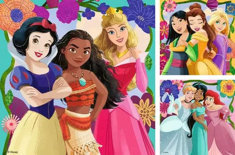 Three Disney Princess puzzle scenes together with Snow White, Moana, Aurora, Mulan, Belle, Rapunzel, Cinderella, Jasmine, and Ariel