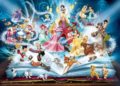 Ravensburger Disney Storybook 1500 piece jigsaw puzzle artwork close up showing the open storybook and classic Disney characters