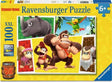 Ravensburger Donkey Kong 100 piece XXL jigsaw puzzle box showing Donkey Kong, Diddy Kong, Dixie Kong, Rambi and Squawks with a 6+ age marking