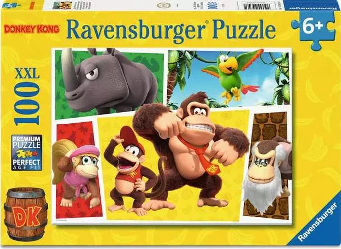 Ravensburger Donkey Kong 100 piece XXL jigsaw puzzle box showing Donkey Kong, Diddy Kong, Dixie Kong, Rambi and Squawks with a 6+ age marking