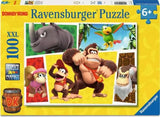 Ravensburger Donkey Kong 100 piece XXL jigsaw puzzle box showing Donkey Kong, Diddy Kong, Dixie Kong, Rambi and Squawks with a 6+ age marking