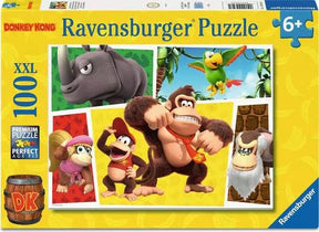 Ravensburger Donkey Kong 100 piece XXL jigsaw puzzle box showing Donkey Kong, Diddy Kong, Dixie Kong, Rambi and Squawks with a 6+ age marking