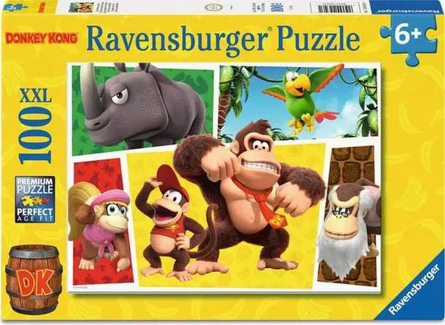 Ravensburger Donkey Kong 100 piece XXL jigsaw puzzle box showing Donkey Kong, Diddy Kong, Dixie Kong, Rambi and Squawks with a 6+ age marking