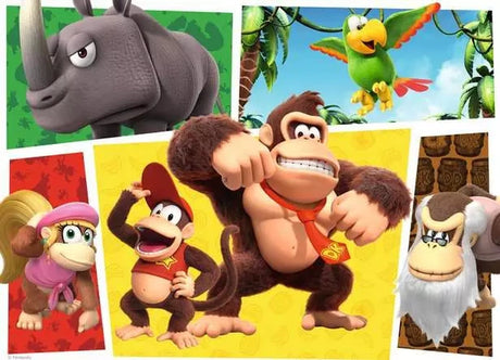 Donkey Kong puzzle artwork featuring Donkey Kong, Diddy Kong, Dixie Kong, Rambi and Squawks in a colourful character collage