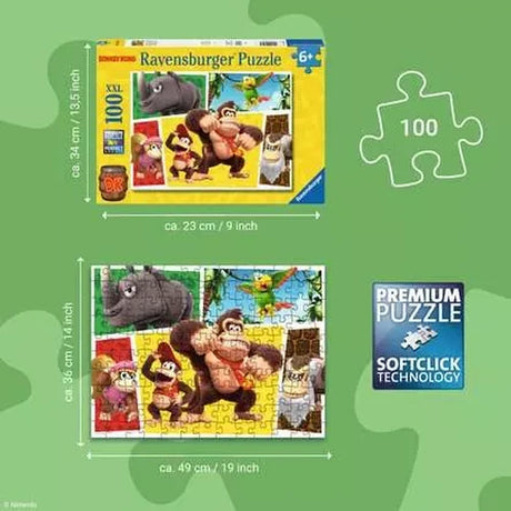 Ravensburger Donkey Kong size guide showing the 100 piece puzzle, puzzle box, 49 × 36 cm finished size and Softclick Technology