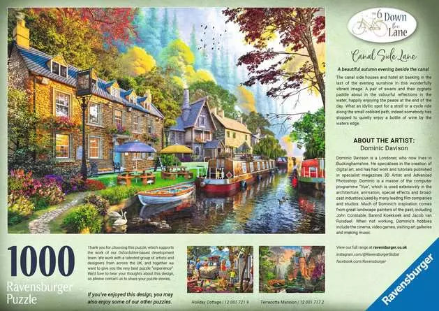 Ravensburger Down the Lane No.6 Canal side Lane puzzle box back with artwork and artist details