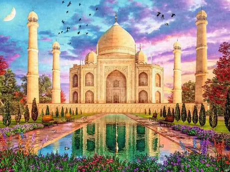 Taj Mahal puzzle artwork with the building reflected in water at sunset