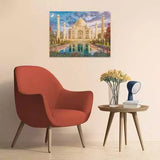Finished Enchanting Taj Mahal puzzle displayed on a wall above a chair and side table