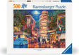 Ravensburger Evening in Pisa 500 piece jigsaw puzzle box featuring the Leaning Tower of Pisa, illuminated buildings and wet evening streets
