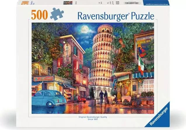 Ravensburger Evening in Pisa 500 piece jigsaw puzzle box featuring the Leaning Tower of Pisa, illuminated buildings and wet evening streets