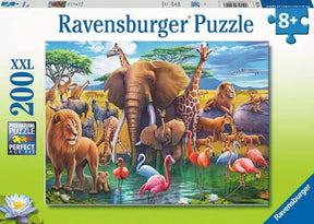 Ravensburger Exotic Safari 200 Piece XXL jigsaw puzzle box front showing elephants, giraffes, lions, zebras and flamingos at a watering hole