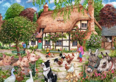 Farm Cottage puzzle artwork showing a thatched cottage, pigs, donkeys, chickens, geese, and a sheepdog