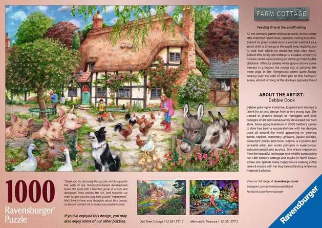 Back of the Ravensburger Farm Cottage 1000 piece puzzle box with scene preview and artist panel