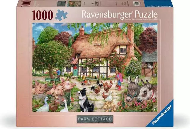 Front of the Ravensburger Farm Cottage 1000 piece puzzle box with cottage and farm animals scene
