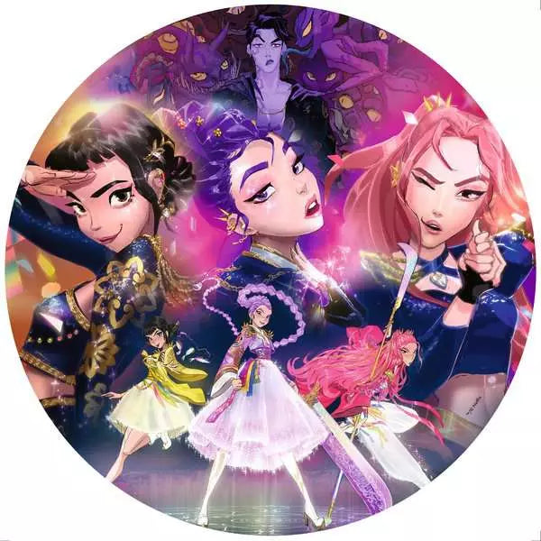 Ravensburger For the fans! 500 piece round jigsaw puzzle box front with KPop Demon Hunters character artwork