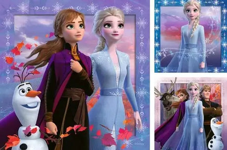 All three Frozen 2 puzzle artworks side by side showing Anna, Elsa and Olaf, an Elsa portrait, and the full cast group scene