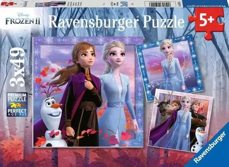 Ravensburger Frozen 2 3x49 piece jigsaw puzzle box showing Anna, Elsa, Olaf, and the full cast across three puzzle images, aged 5 plus