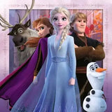 Frozen 2 puzzle artwork with pink border showing Elsa, Anna, Kristoff, Sven the reindeer, and Olaf grouped together