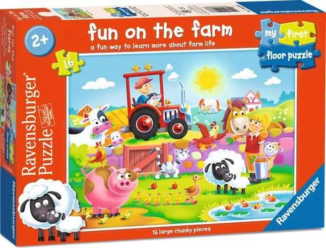 Fun on the Farm front packaging showing the 16 large floor puzzle pieces, illustrated farm scene and Ravensburger branding