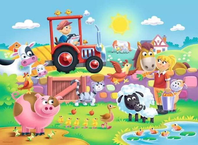 Ravensburger Fun on the Farm puzzle artwork showing a red tractor, farmer, cows, pig, sheep, horse, cat, chickens, ducks and countryside scenery