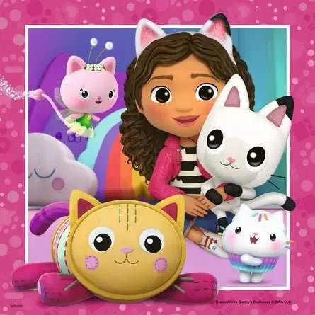 Gabby and Mercat in a glittery purple room from the Ravensburger Gabby’s Dollhouse 49 piece jigsaw puzzle