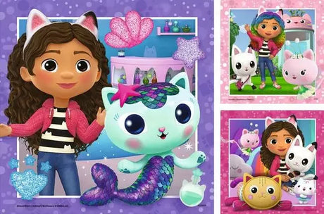 Collage of three Ravensburger Gabby’s Dollhouse 49 piece puzzles with Gabby, Pandy Paws, Mercat and Kitty Fairy in playful scenes