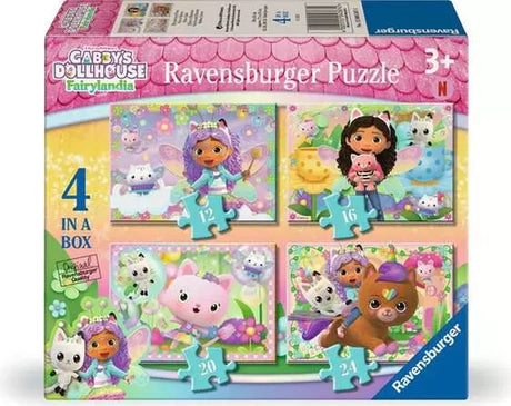 Ravensburger Gabby's Dollhouse Fairylandia 4 in a Box jigsaw packaging showing the four included designs