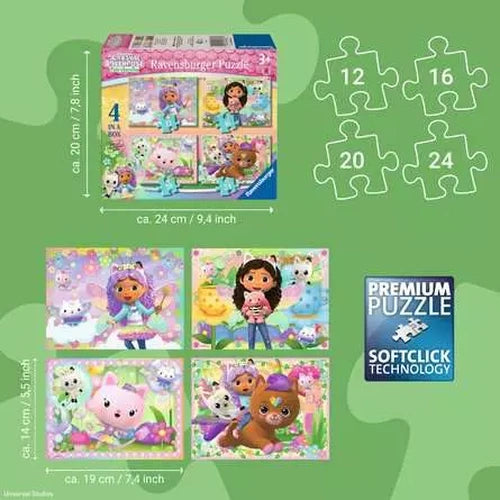 Ravensburger Gabby's Dollhouse Fairylandia set showing all four 12, 16, 20 and 24 piece jigsaw designs