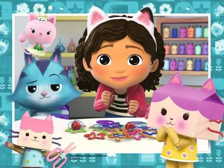 Gabby at a craft table with three cartoon cats in Ravensburger Gabby's Dollhouse Puzzle 4 In a Box