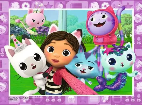 Gabby with five cartoon cats in Ravensburger Gabby's Dollhouse Puzzle 4 In a Box
