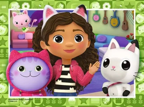 Gabby hugging a white cat with four cartoon cats in Ravensburger Gabby's Dollhouse Puzzle 4 In a Box