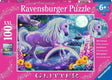 Ravensburger Glitter Unicorn 100 piece XXL jigsaw puzzle box featuring a purple unicorn and rainbow in a magical moonlit scene