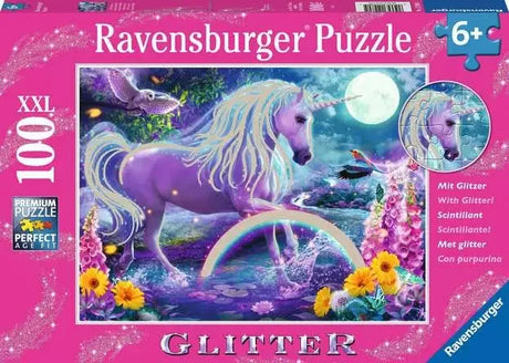 Ravensburger Glitter Unicorn 100 piece XXL jigsaw puzzle box featuring a purple unicorn and rainbow in a magical moonlit scene