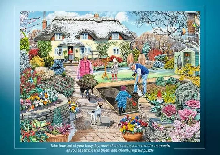 Ravensburger Grandad's Garden puzzle artwork presentation showing the cottage garden scene with family members, flower beds and vegetable patch
