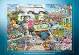 Ravensburger Grandad's Garden puzzle artwork presentation showing the cottage garden scene with family members, flower beds and vegetable patch