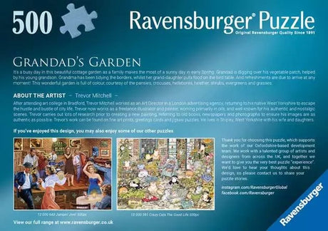 Back of the Ravensburger Grandad's Garden puzzle box showing product information and related Ravensburger puzzle images