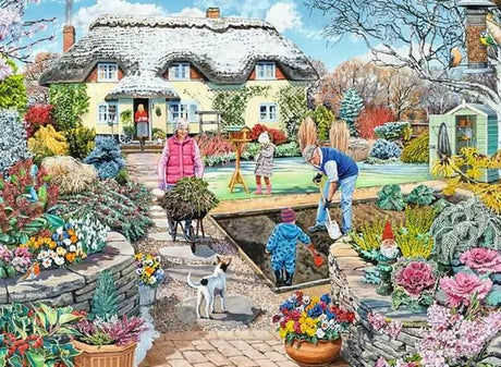 Ravensburger Grandad's Garden puzzle artwork showing a family working in a colourful cottage garden with flower beds, vegetable patch and dog