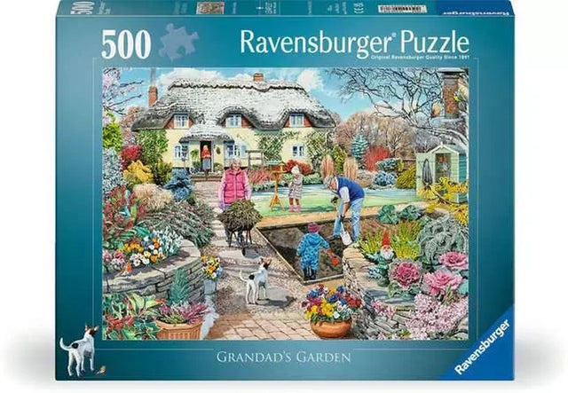 Ravensburger Grandad's Garden 500 piece jigsaw puzzle box featuring the colourful cottage garden scene with family members and dog