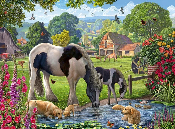 Close view of the Hadlow Ponies puzzle artwork with two ponies, dogs in a stream, and a cottage garden