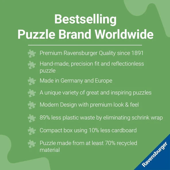 Green Ravensburger quality panel with bestselling puzzle brand worldwide text and product claims