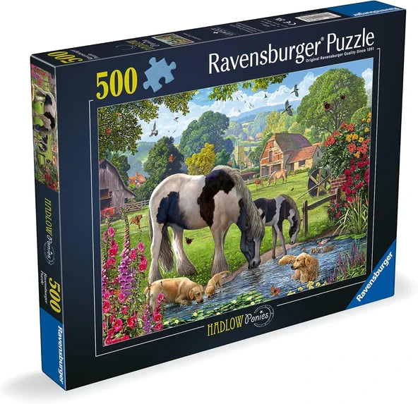 Angled front view of the Ravensburger Hadlow Ponies 500 piece jigsaw puzzle box