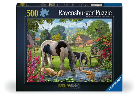 Front of the Ravensburger Hadlow Ponies 500 piece jigsaw puzzle box showing the full pony artwork