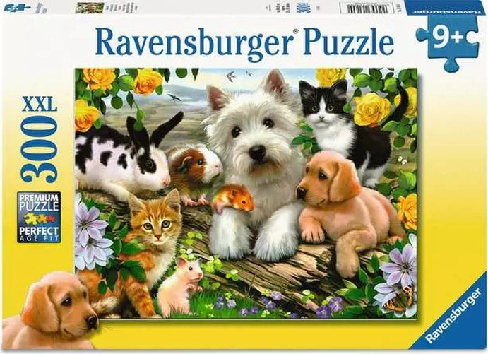 Ravensburger Happy Animal Buddies 300 XXL puzzle front packaging showing the colourful pet group artwork and 9+ age marking