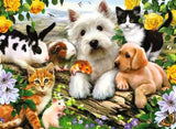 Ravensburger Happy Animal Buddies puzzle artwork showing a white dog, puppy, cats, rabbit, guinea pig, hamster and mouse among colourful flowers