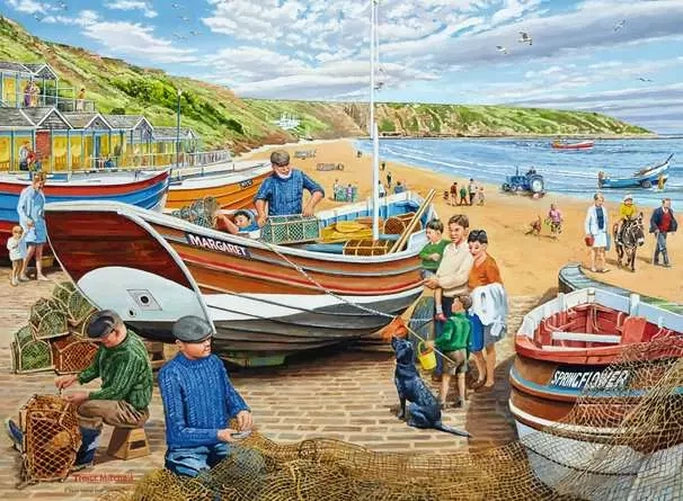Ravensburger Happy Days at Work The Fisherman puzzle artwork showing fishing boats on a beach, fishermen with nets, families and the coastline at Filey