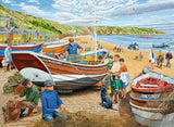 Ravensburger Happy Days at Work The Fisherman puzzle artwork showing fishing boats on a beach, fishermen with nets, families and the coastline at Filey