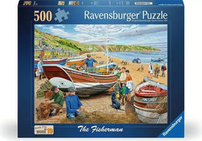 Ravensburger Happy Days at Work The Fisherman 500 piece jigsaw puzzle box featuring fishing boats, fishermen, families and the Filey beach scene