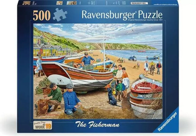 Ravensburger Happy Days at Work The Fisherman 500 piece jigsaw puzzle box featuring fishing boats, fishermen, families and the Filey beach scene