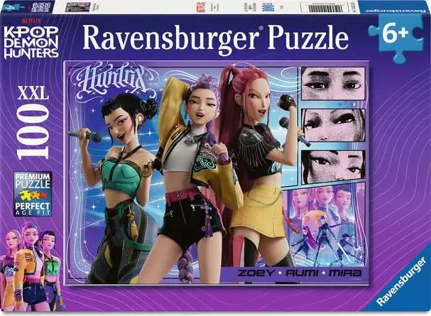Ravensburger Happy Fans, Happy Honmoon! 100 piece XXL jigsaw puzzle box front with KPop Demon Hunters artwork and a 6+ age mark