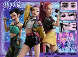 KPop Demon Hunters character artwork showing Zoey, Rumi and Mira with microphone poses and eye panels